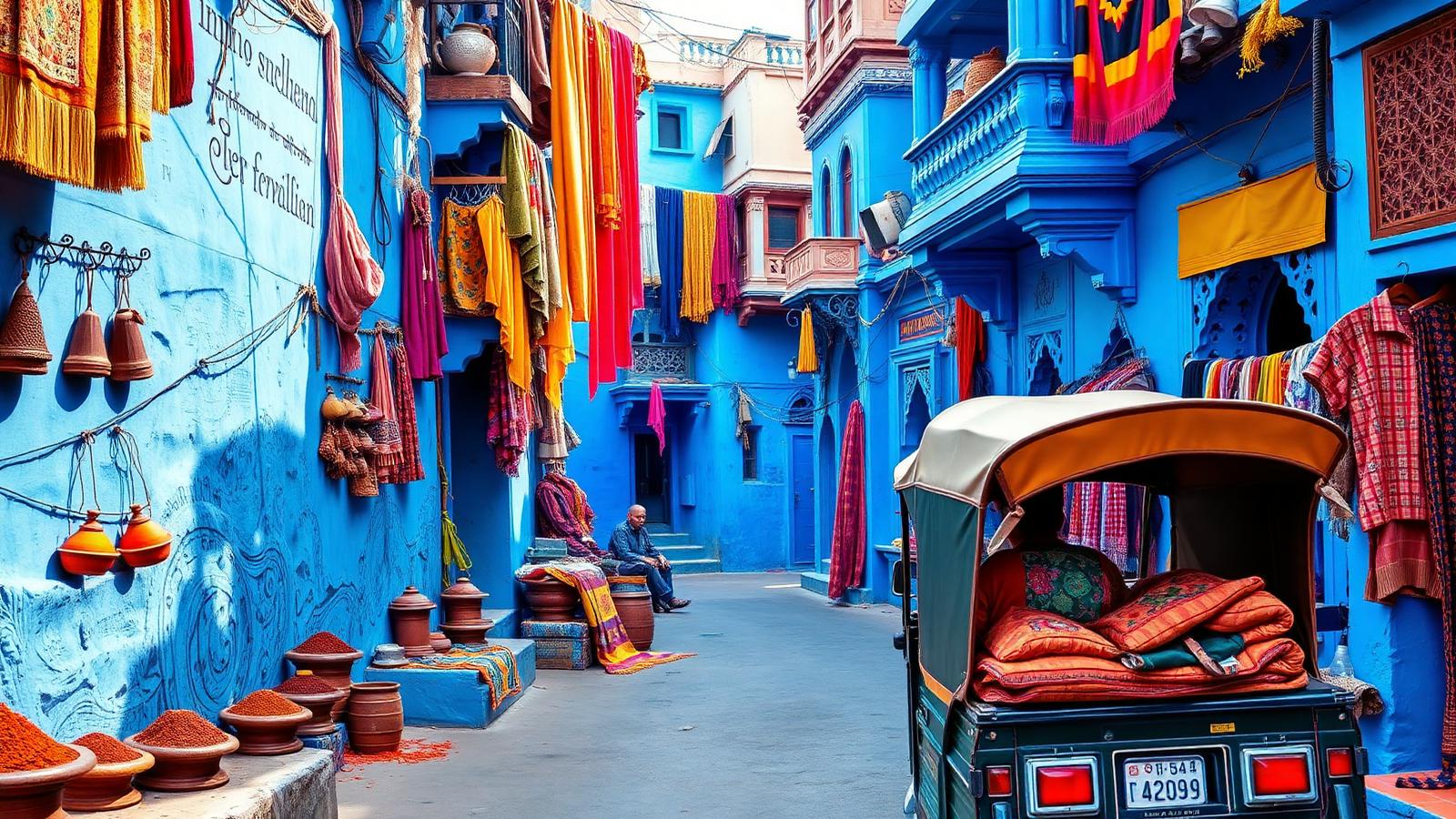 Colorful Rajasthan alley with spices, fabrics, and a rickshaw