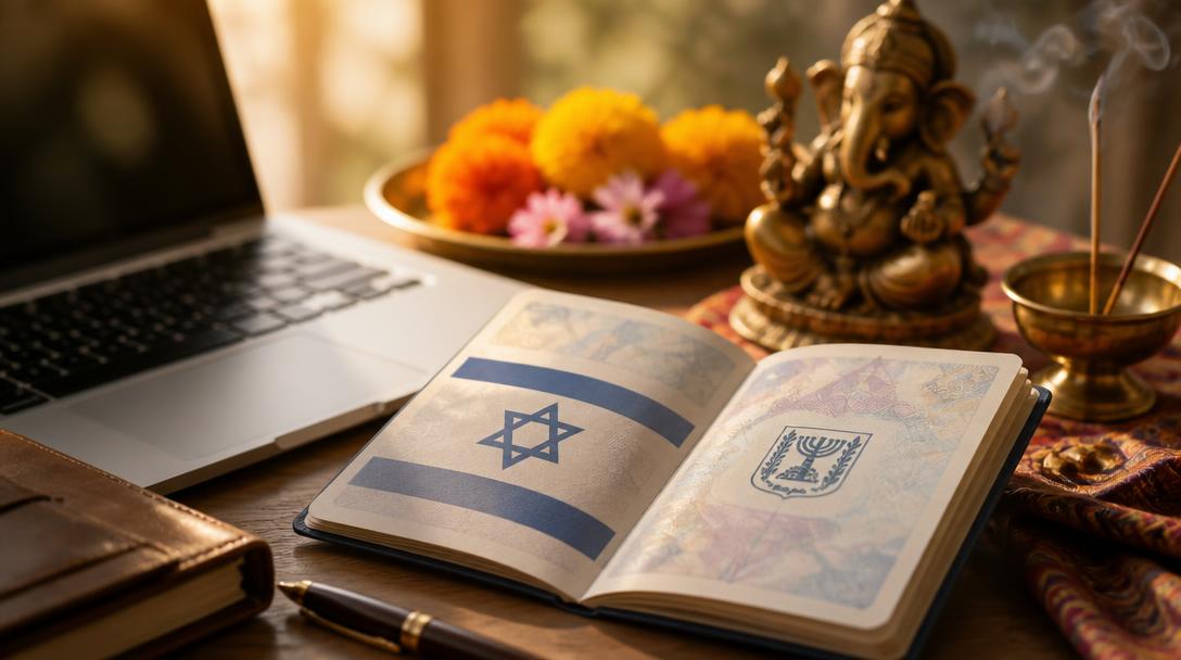 Passport, laptop, and colorful Indian symbols — getting an e-Visa for India